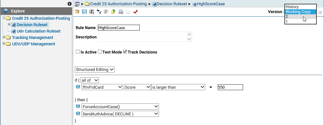 Displays contents of rule and versions from drop-down list.